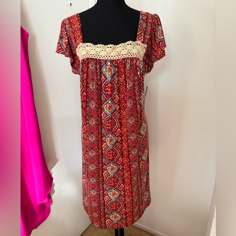 Size 1 Red Aztec Patterned Women's Swing Dress by Pure Energy